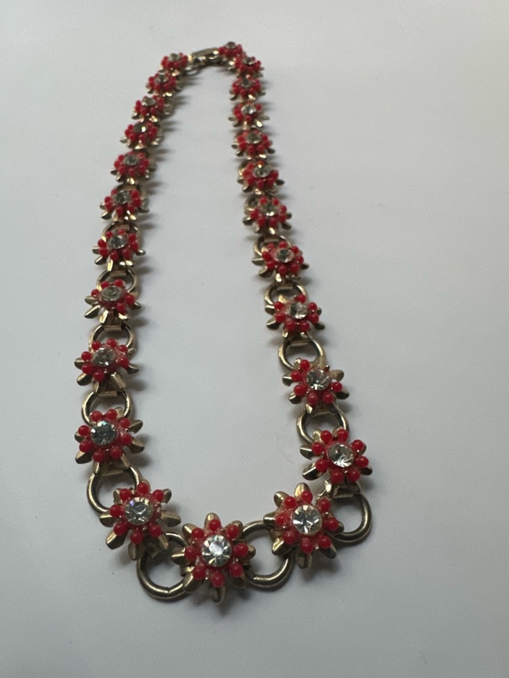 1950s Red Flower and Rhinestone 13”Necklace